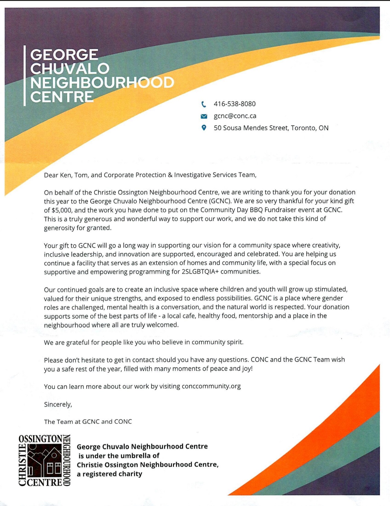 George Chuvalo Neighbourhood Centre Thank-You Letter